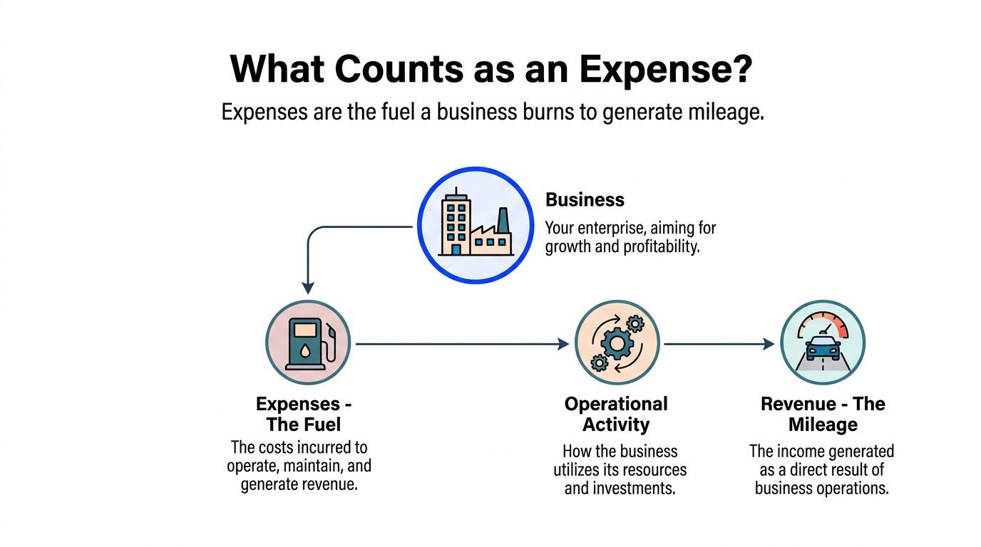 A diagram explaining business expenses as fuel used to generate revenue, illustrating the relationship between costs and income.