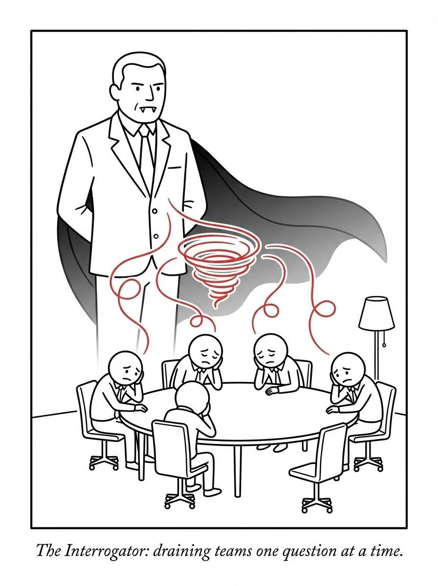 The Interrogator leadership style: a dominating leader drains team energy in every meeting, leaving five disengaged team members unable to contribute. — Rajesh Nagjee