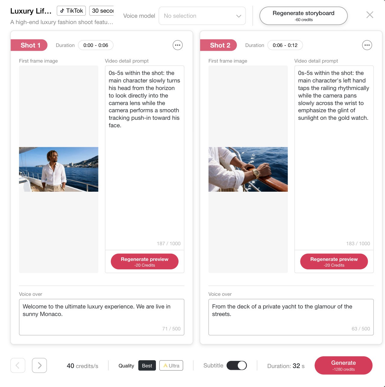 APOB AI sequential frame editing panel displaying Shot 1 and Shot 2 details. The workspace showcases individual panel cards equipped with specific video detail prompt text boxes, automated frame image previews, and designated input areas for voiceover script tracking.