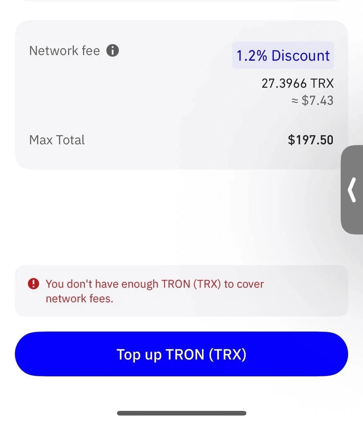 TRON wallet fee breakdown showing 27.3966 TRX network fee with 1.2% discount and insufficient TRX error
