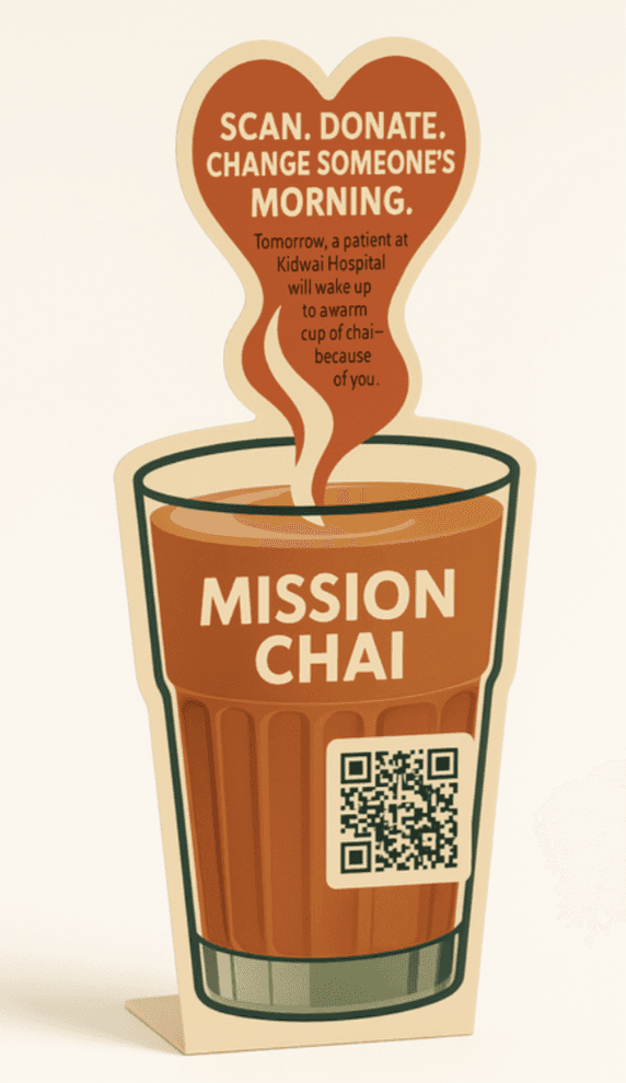 Digital prototype of a ribbed glass of chai shaped as a cardboard cut-out stand, with heart-shaped steam above the cup. With Logo and text.