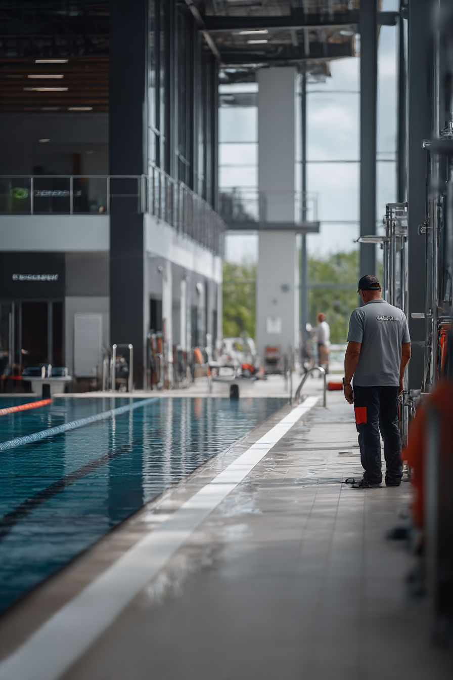 instalação esportiva com uma piscina e um operador verificando o funcionamento do equipamento
