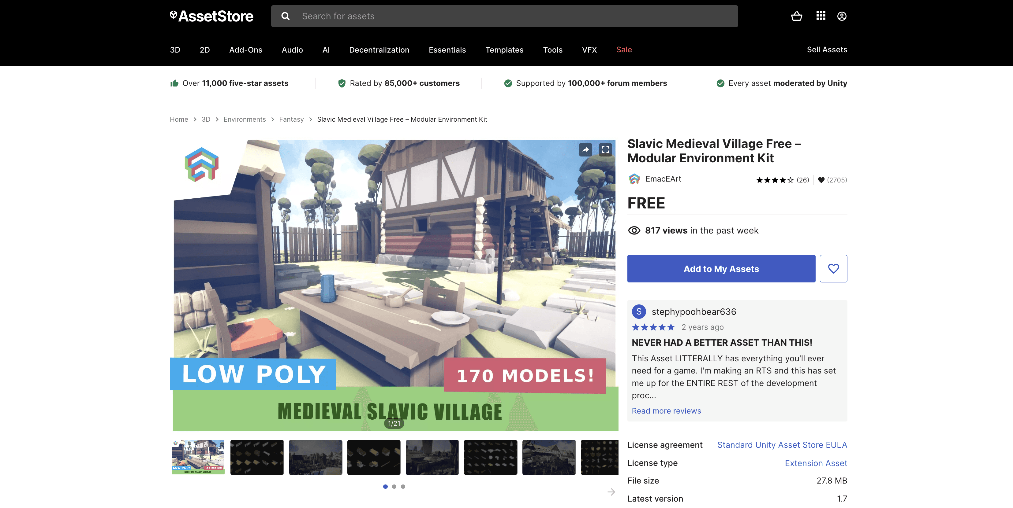 Unity Asset Store page for the free Slavic Medieval Village modular environment pack, featuring low-poly houses and village props.