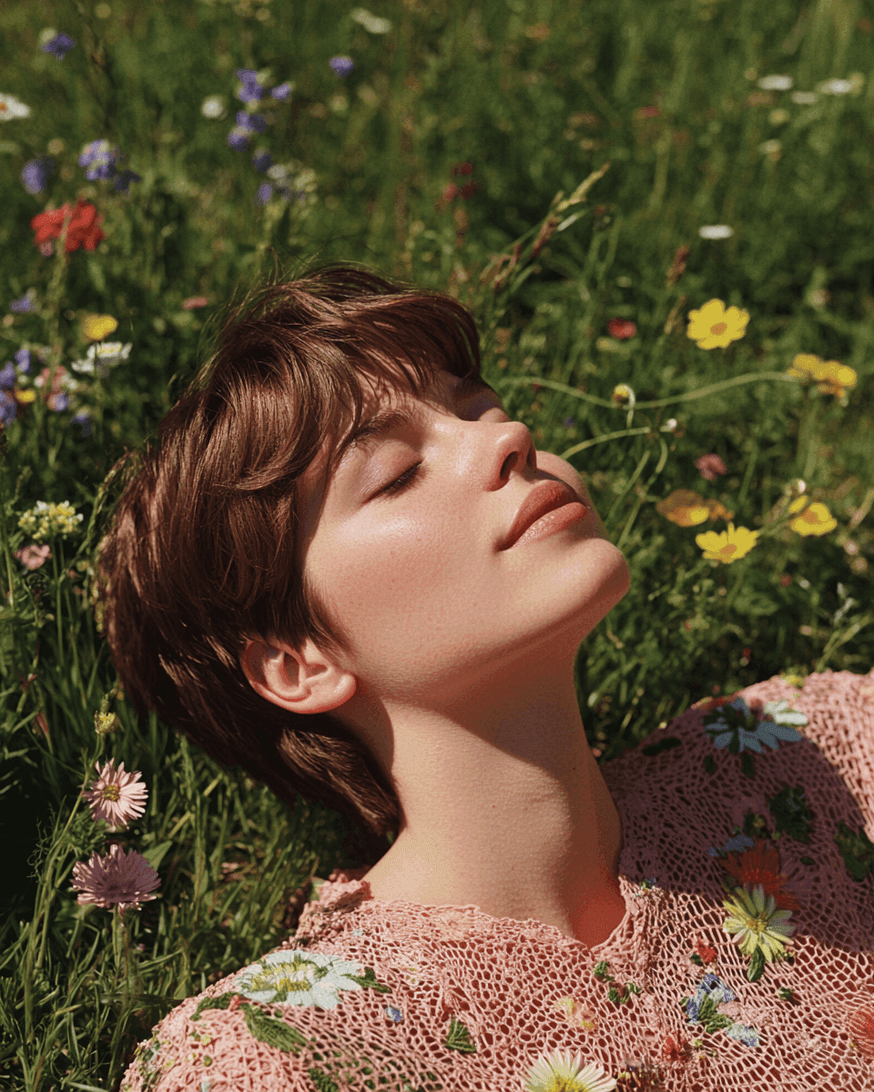 A person with short brown hair lies peacefully in a lush meadow, surrounded by vibrant wildflowers, wearing a pink, floral-patterned sweater, with eyes closed and face gently bathed in sunlight.