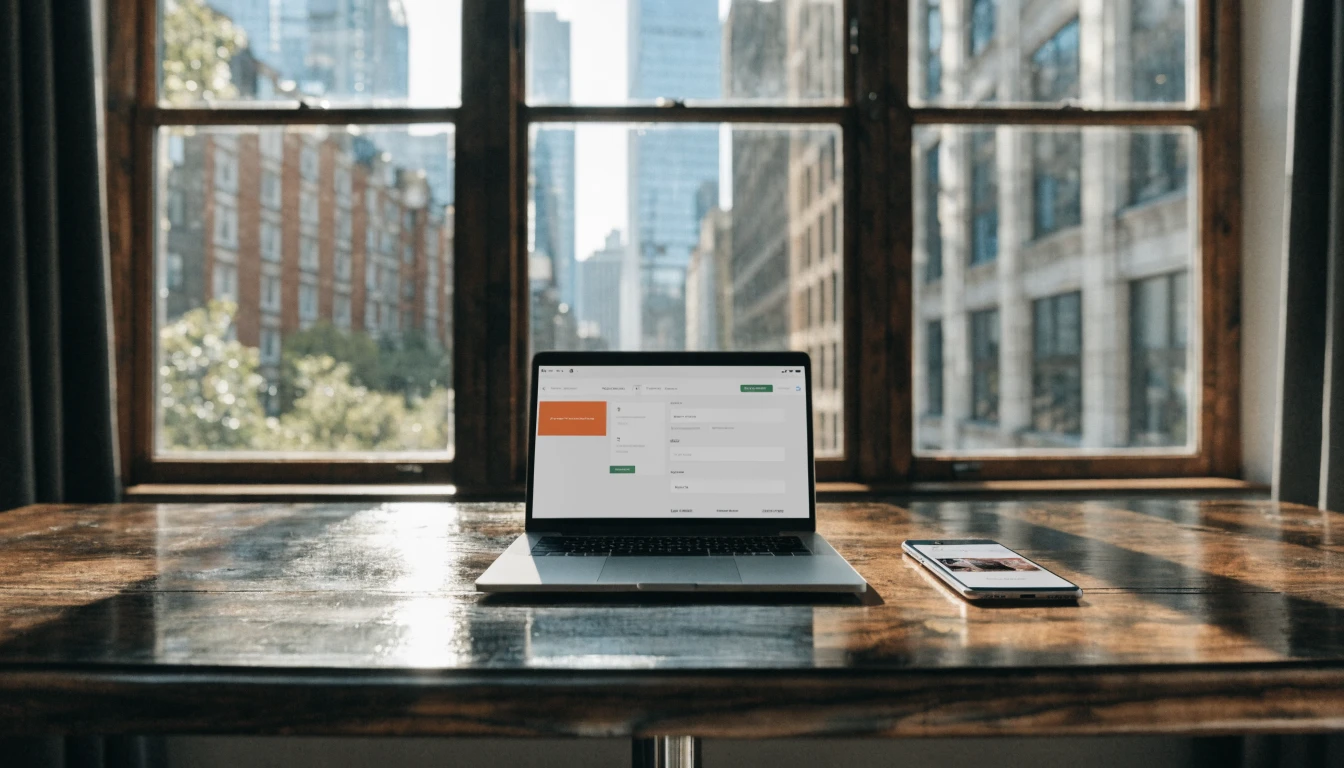 modern lead-ready website checklist on a desk with a phone and laptop showing fast-loading pages, clear CTAs, trust badges, and a simple form; subtle UK business setting