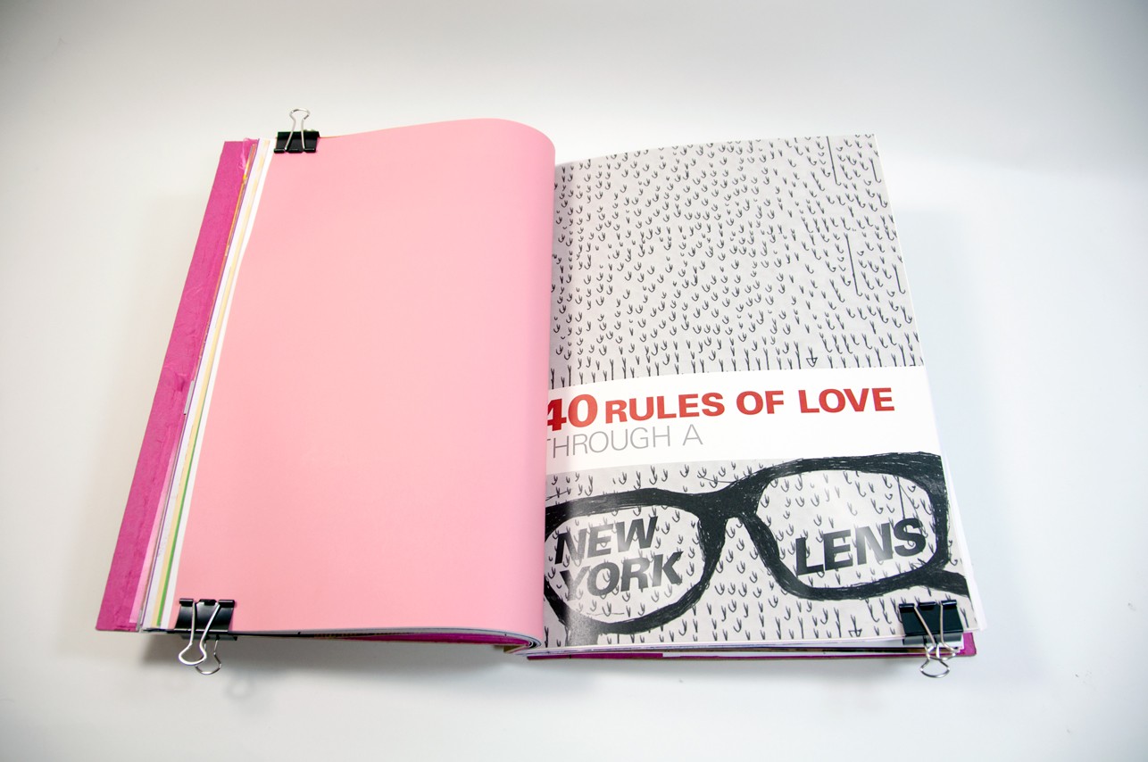 an opened book with the left page empty and the right page with a pair of glasses and the text 40 rules of love, new york lens