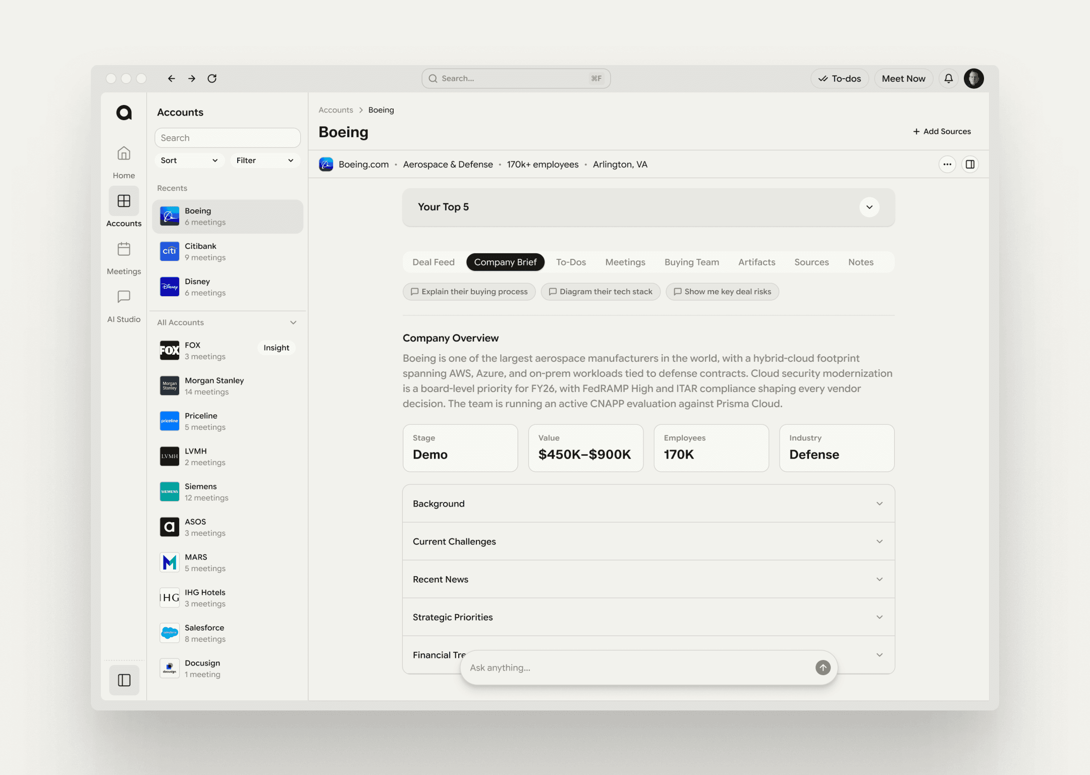 Account intelligence interface