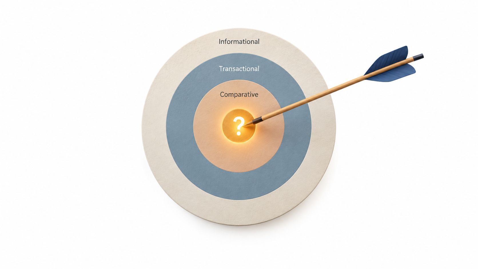 A target board illustration with three concentric circles labeled Informational, Transactional, and Comparative with a question mark.