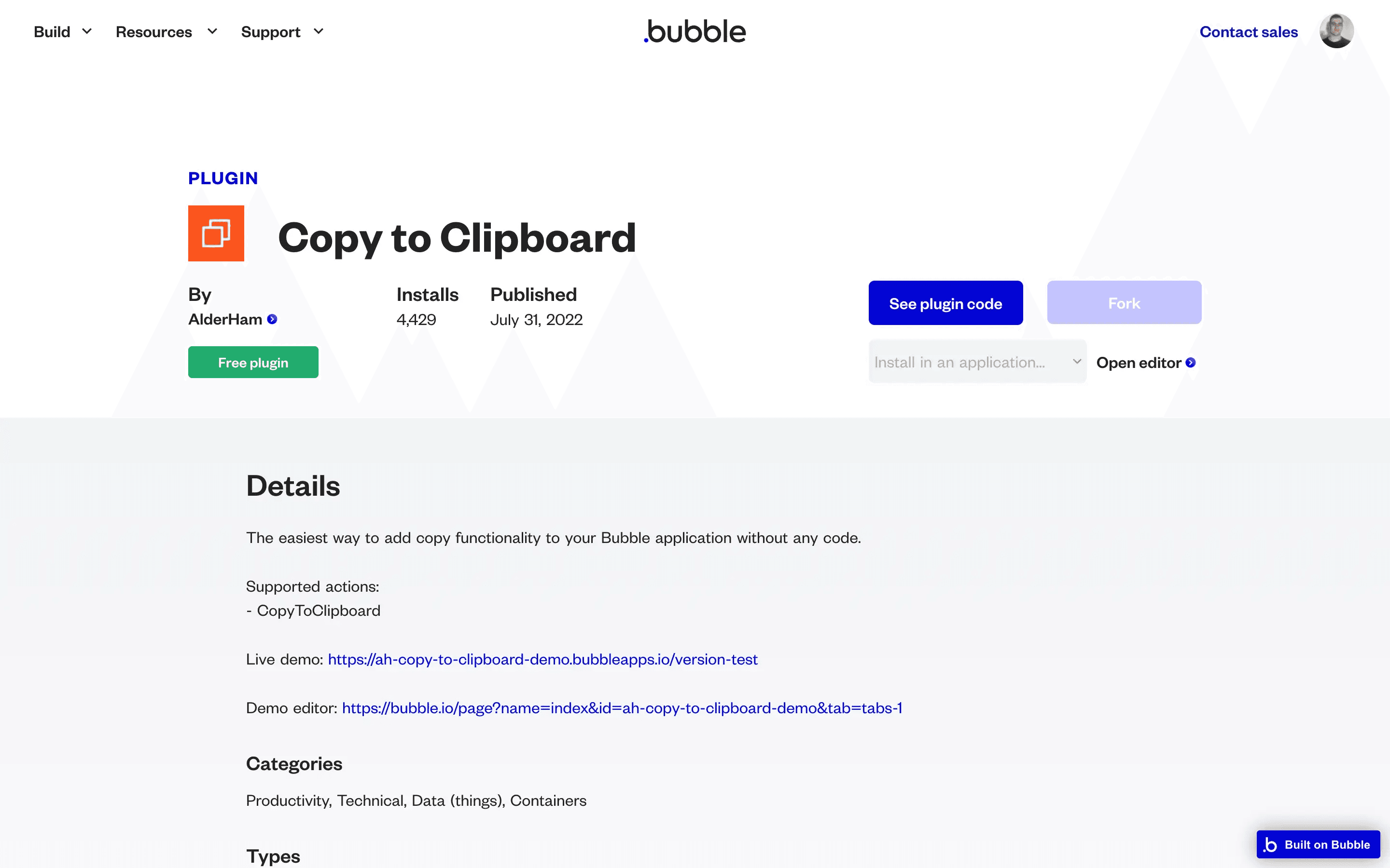 a screenshot of the page of a copy to clipboard plugin for bubble.io
