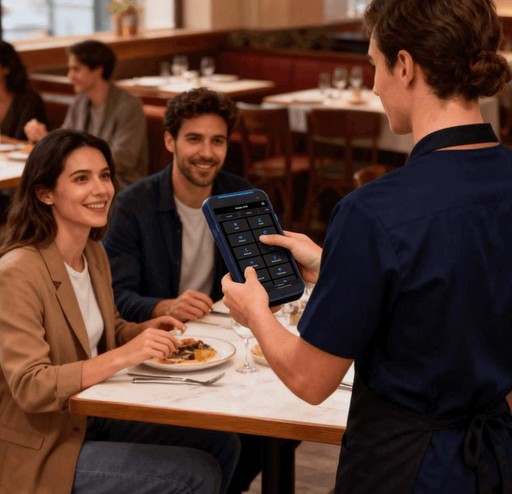A store clerk is using an Aldeelo rpay device to check out a customer's account.