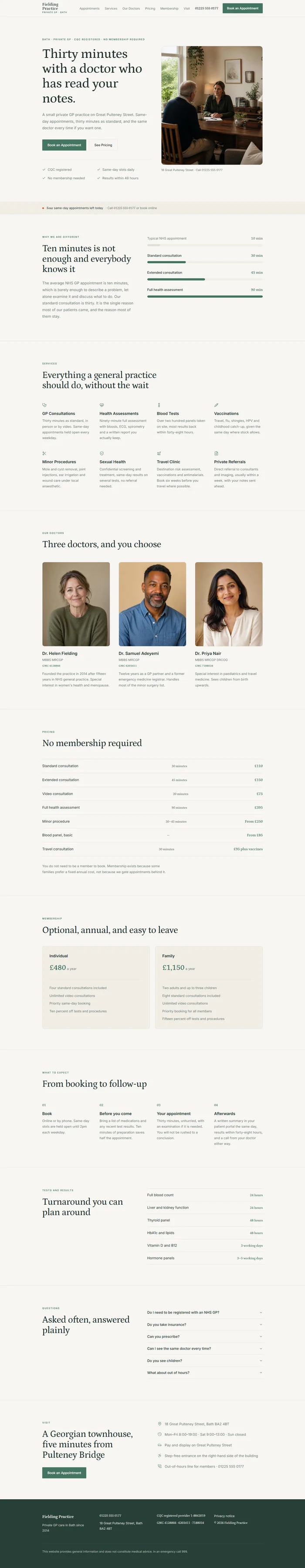 Full medical clinic website design: consulting room hero, appointment lengths, doctors, pricing, tests