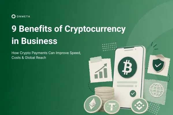 Benefits of cryptocurrency in business shown with crypto coins, mobile payment and growth icons