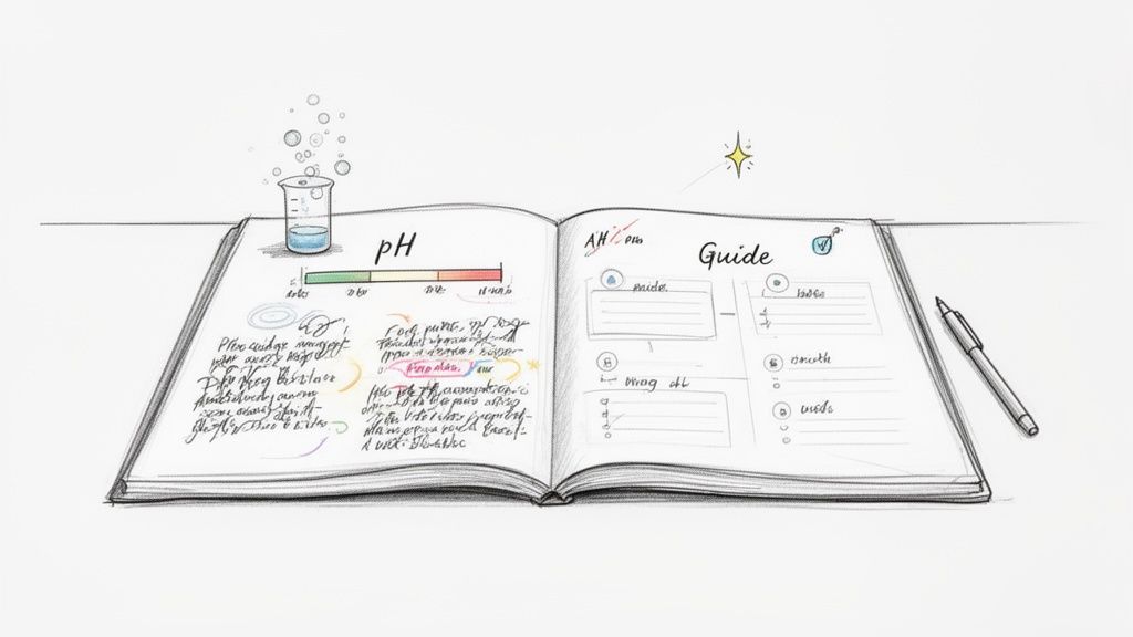 An open science notebook displaying a pH scale, chemical notes, a beaker with bubbles, and a pen.