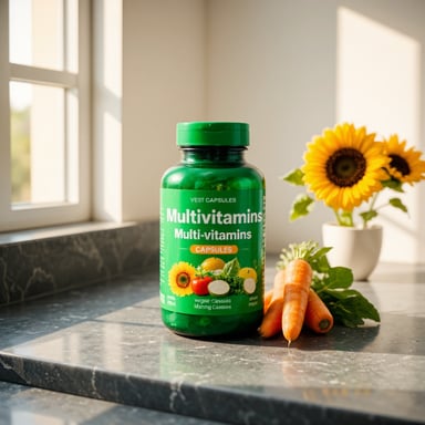 product photography of a bottle of multivitamin capsules