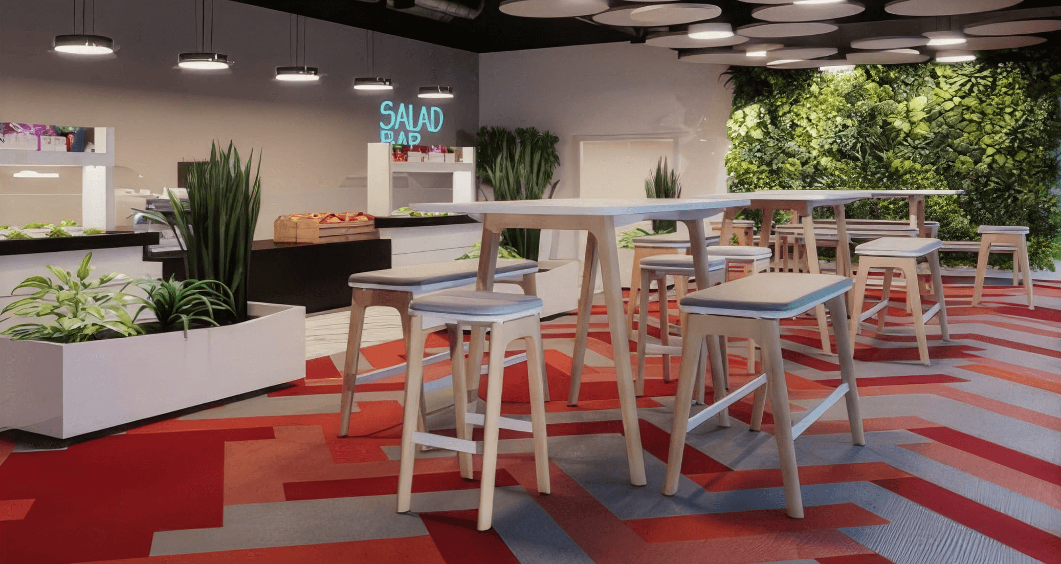 MW Interior - Modernes Betriebsrestaurant mit Salad Bar, Stehtischen aus Holz, buntem geometrischem Teppich und begrünter Living Wall" Beschreibung: Frische Restaurantatmosphäre mit Salad-Bar-Konzept, Stehtischen auf Holzbeinen, farbenfrohem geometrischem Bodenbelag und einer üppigen Living Wall als Rückwand – ein Betriebsrestaurant, das Aufenthaltsqualität und gesunde Ernährung in den Mittelpunkt stellt.