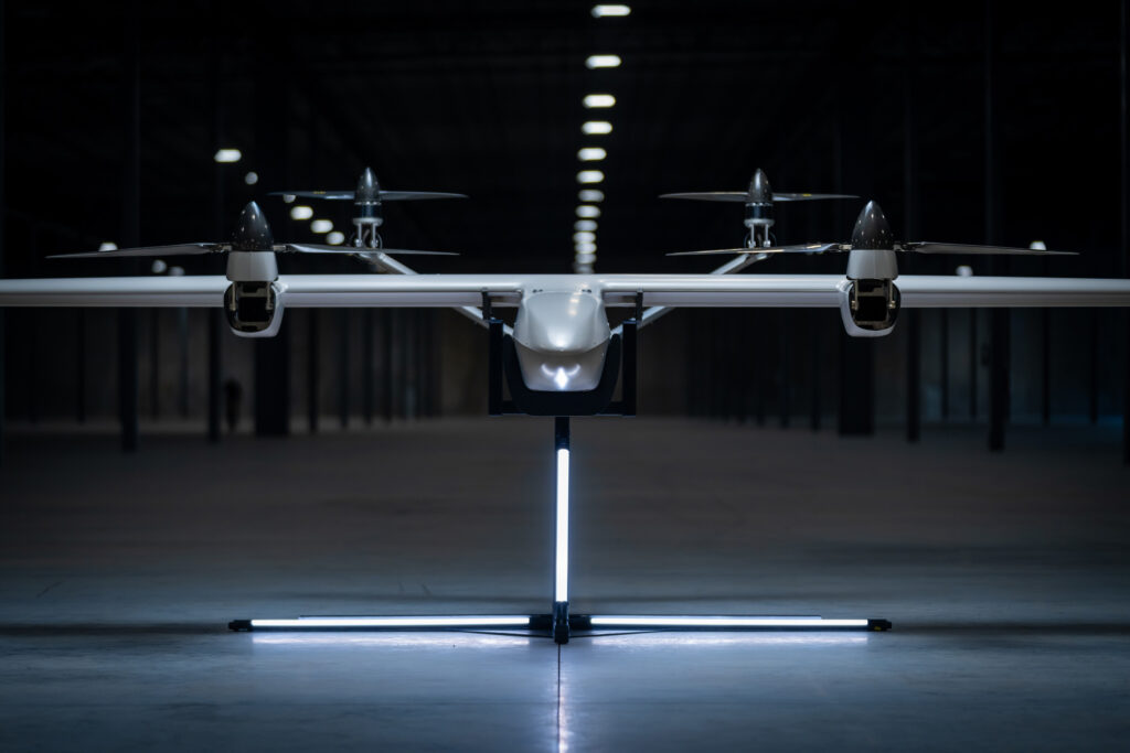 Front view of the Griffon Aerospace Valiant VTOL UAS on its stand with four vertical lift rotors