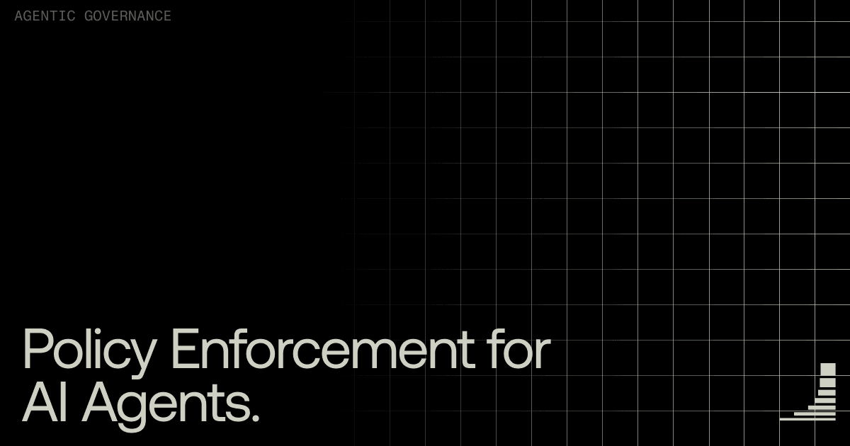Black blog cover image with subtle grid pattern. Category label reads "AGENTIC GOVERNANCE" in the upper left. Large headline text reads "Policy Enforcement for AI Agents." Waxell logo in the bottom right corner.