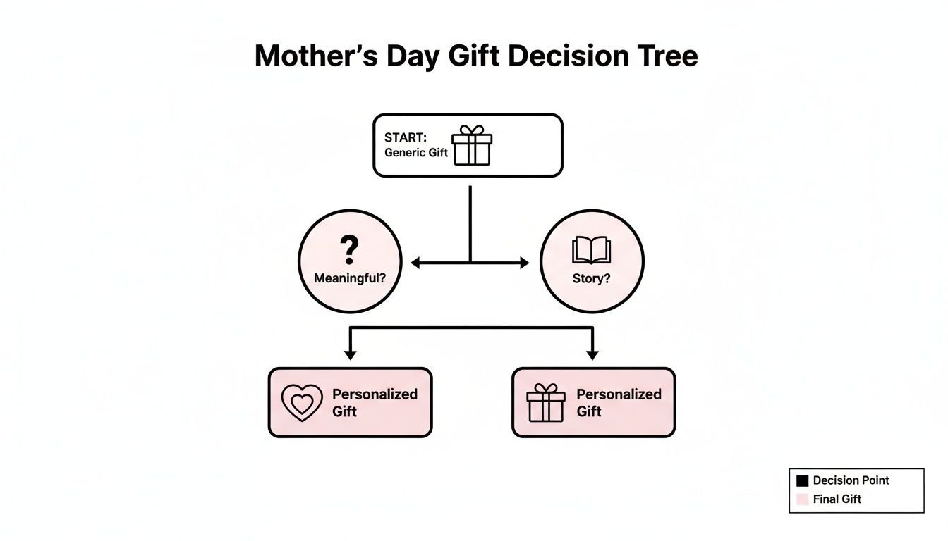 A Mother's Day gift decision tree flowchart, showing paths from a generic gift to personalized gifts.