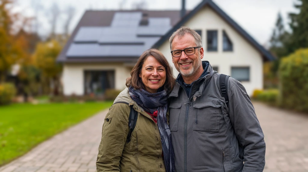 Zufriedene Kunden Elisabeth und Peter Harms vor ihrem Haus mit Solaranlage, loben die professionelle Handwerksarbeit von Solartechnik Nordwest in Oldenburg.