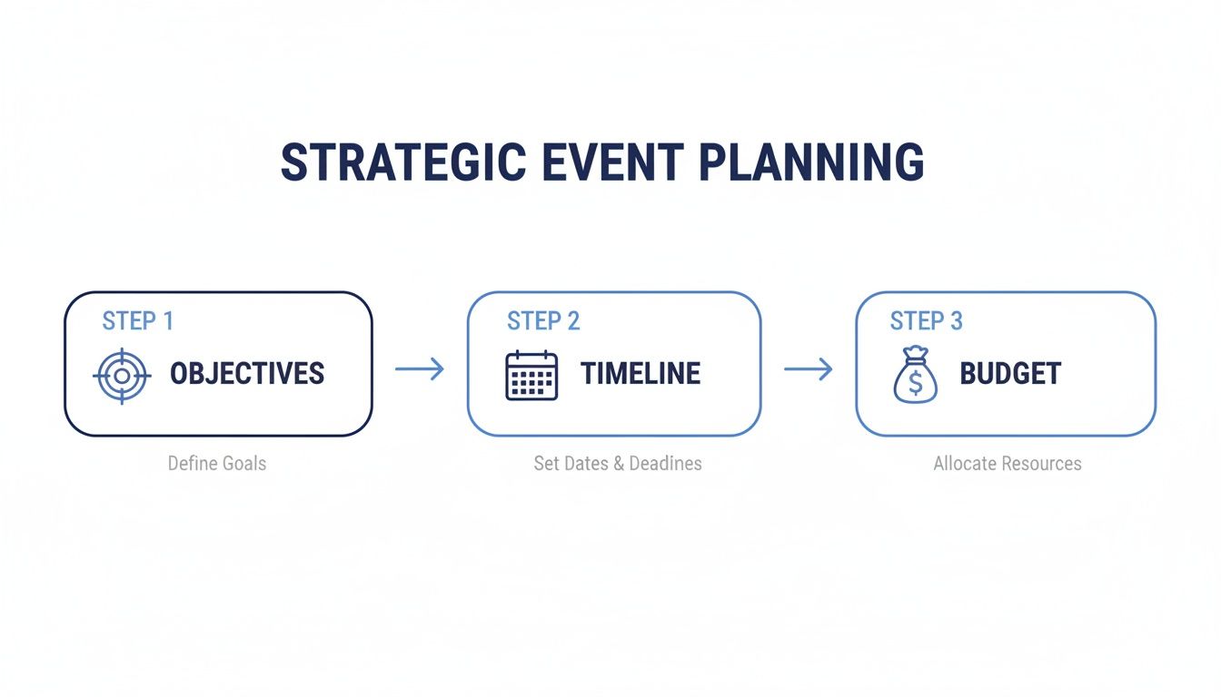 An infographic on strategic event planning shows three steps: Objectives, Timeline, and Budget.