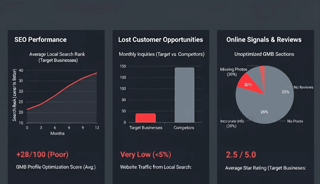 Local SEO strategy insights dashboard displaying SEO performance growth curve, lost customer opportunities analysis vs competitors, and GMB profile optimization score metrics demonstrating data-driven local marketing strategy