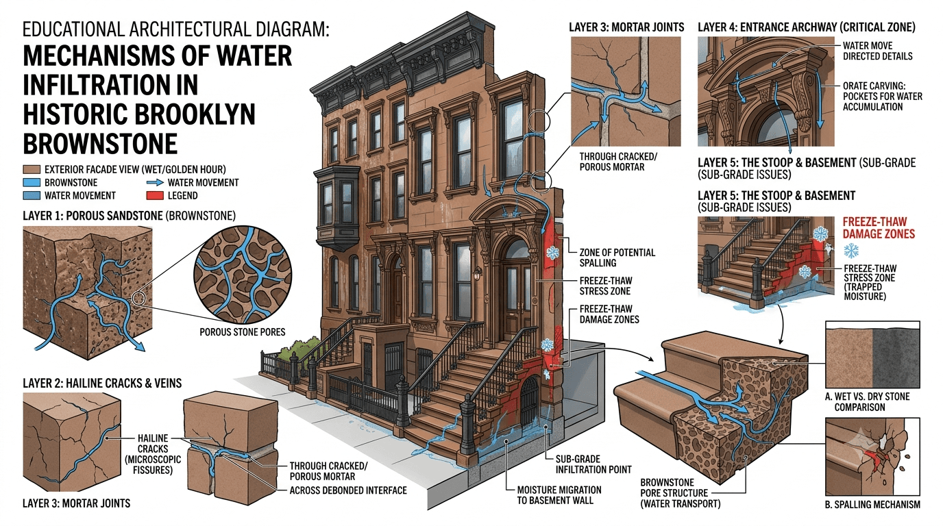 Educational architectural cutaway diagram of a Brooklyn brownstone facade showing rainwater penetrating porous brownstone, arrows illustrating water movement through stone pores, hairline cracks, mortar joints, freeze-thaw damage zones