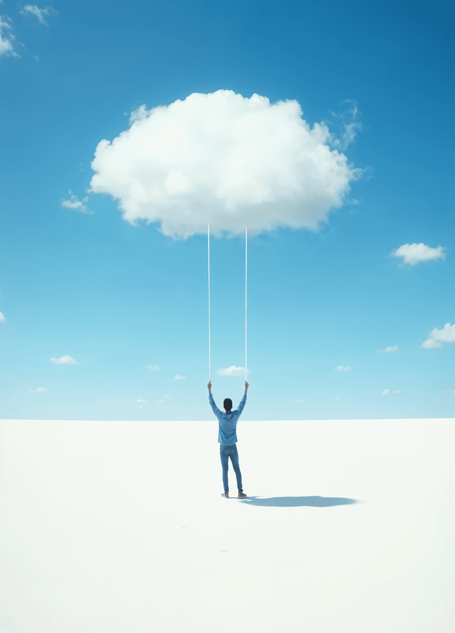 A surreal scene of a man in denim standing barefoot on a white expanse, holding strings that connect to a fluffy cloud in a bright blue sky