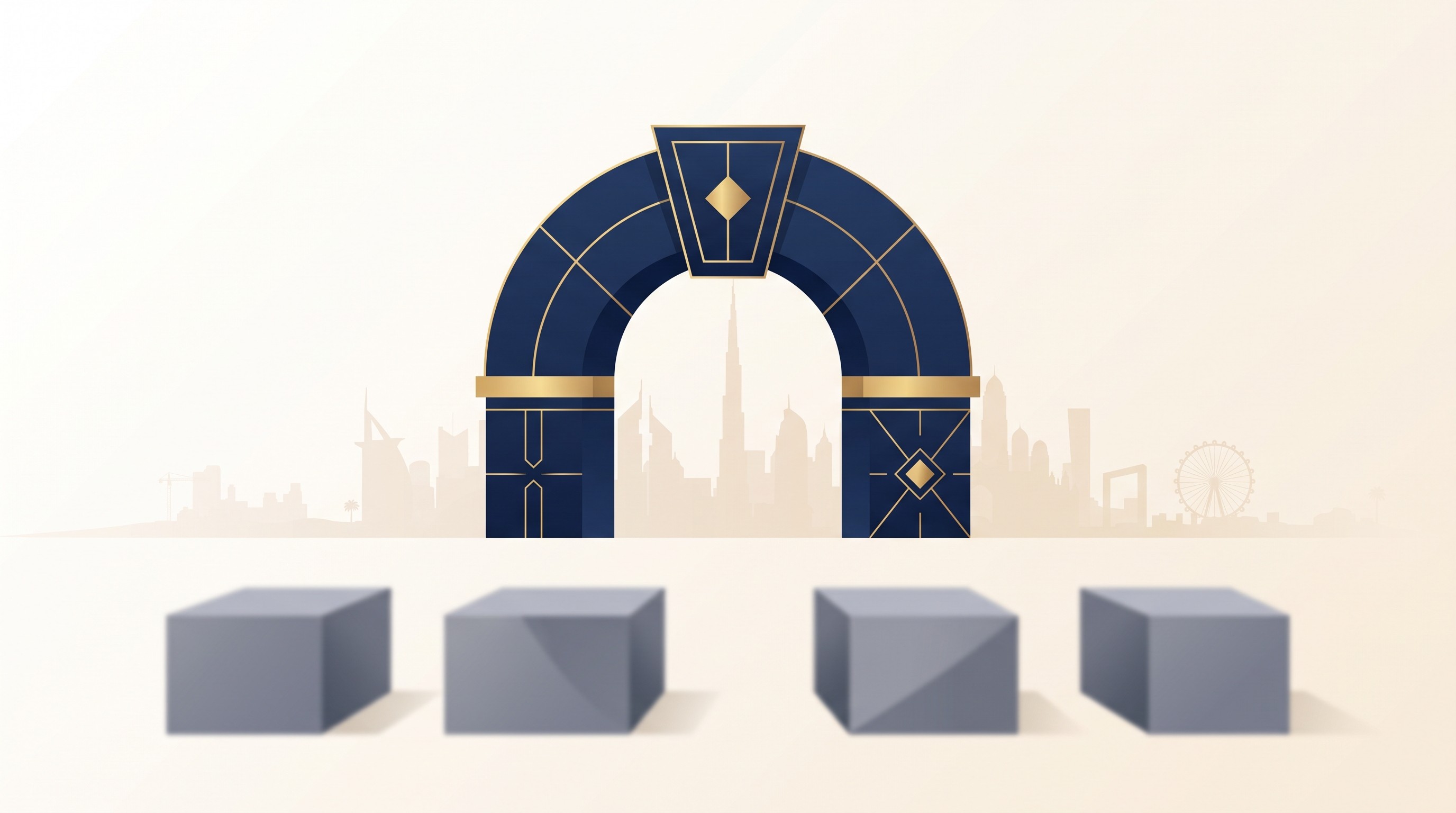 Four disconnected geometric blocks in muted grey, separated by visible gaps, arranged in a loose broken row in the foreground, slightly out of focus. Behind them, dominating the frame, one large unified interlocking structure like a keystone arch, rendered in deep navy blue with gold accents, clearly stable and whole. A faint minimal silhouette of the Dubai skyline in the far background. Warm off-white or light beige backdrop, premium fintech aesthetic, flat design with soft gradients, generous negative space, no people, no text or words in the image.