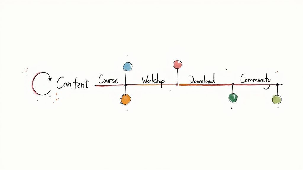 A colorful hand-drawn diagram illustrating a membership site journey from content to community.