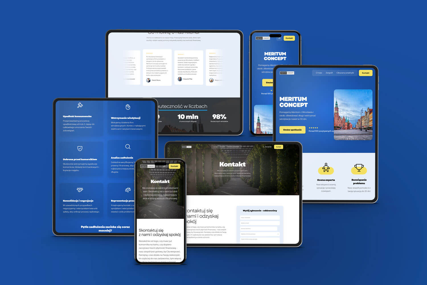 Responsywny projekt strony internetowej dla branży finansowej zaprezentowany na urządzeniach mobilnych i tabletach. Profesjonalne projektowanie stron www oraz szybkie wdrożenia no code.