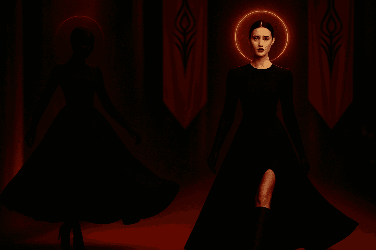 Two figures advancing through an illustrious corridor - one haloed, one veiled - captured mid-stride in flowing black garments that merge couture in ritual symbolism.