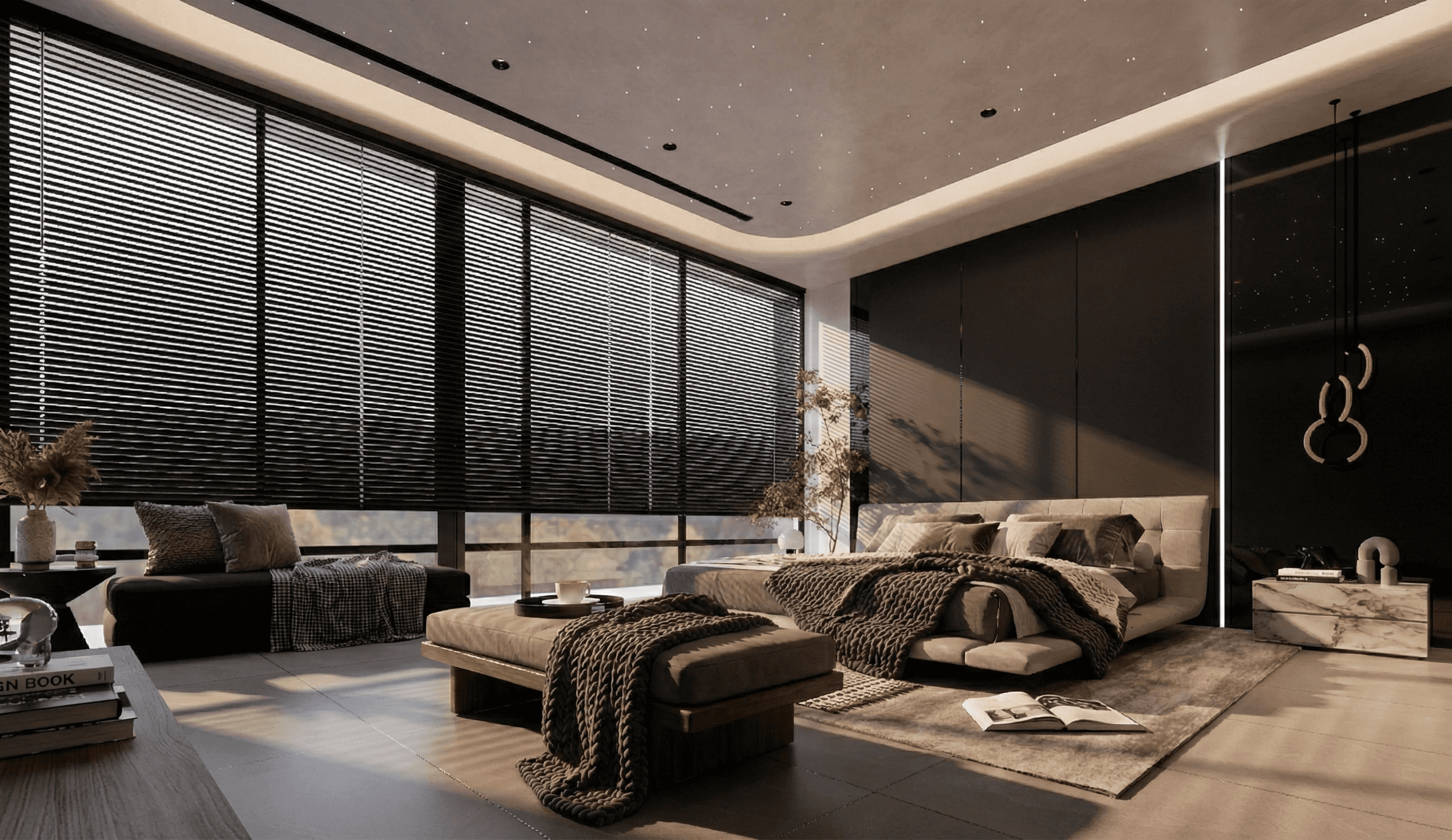 living room with brown sofa and glass window