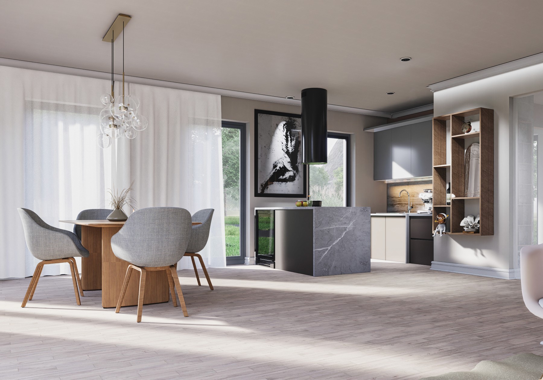 Wohnraum mit Sofa im Vordergrund, Essbereich und Küche im Hintergrund.