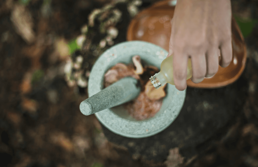 A hand using a pestle to grind ingredients in a stone mortar surrounded by nature.