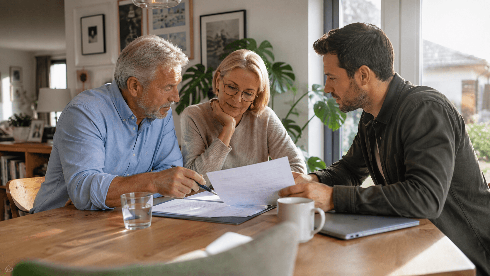 Ältere Hauseigentümer besprechen gemeinsam mit ihrem erwachsenen Nachkommen die Übergabe einer Immobilie. Am Esstisch liegen Unterlagen und ein Laptop, während die Familie die nächsten Schritte der Haus- oder Wohnungsübertragung in vertrauter Atmosphäre plant.