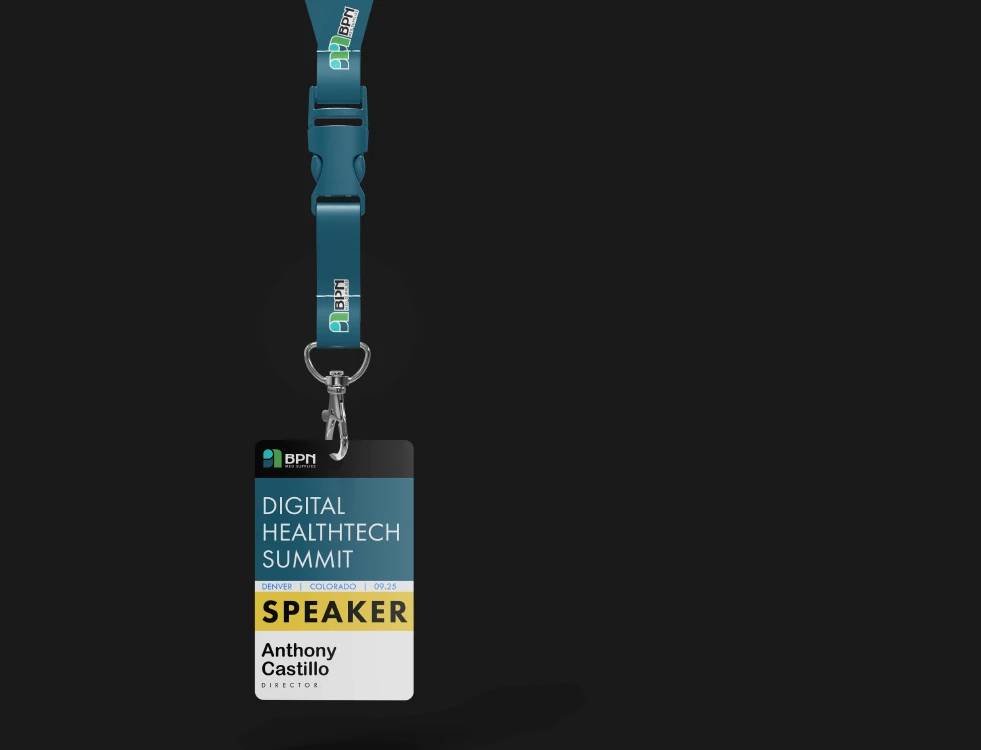 A lanyard attached to a speaker badge, used for identification at conferences.