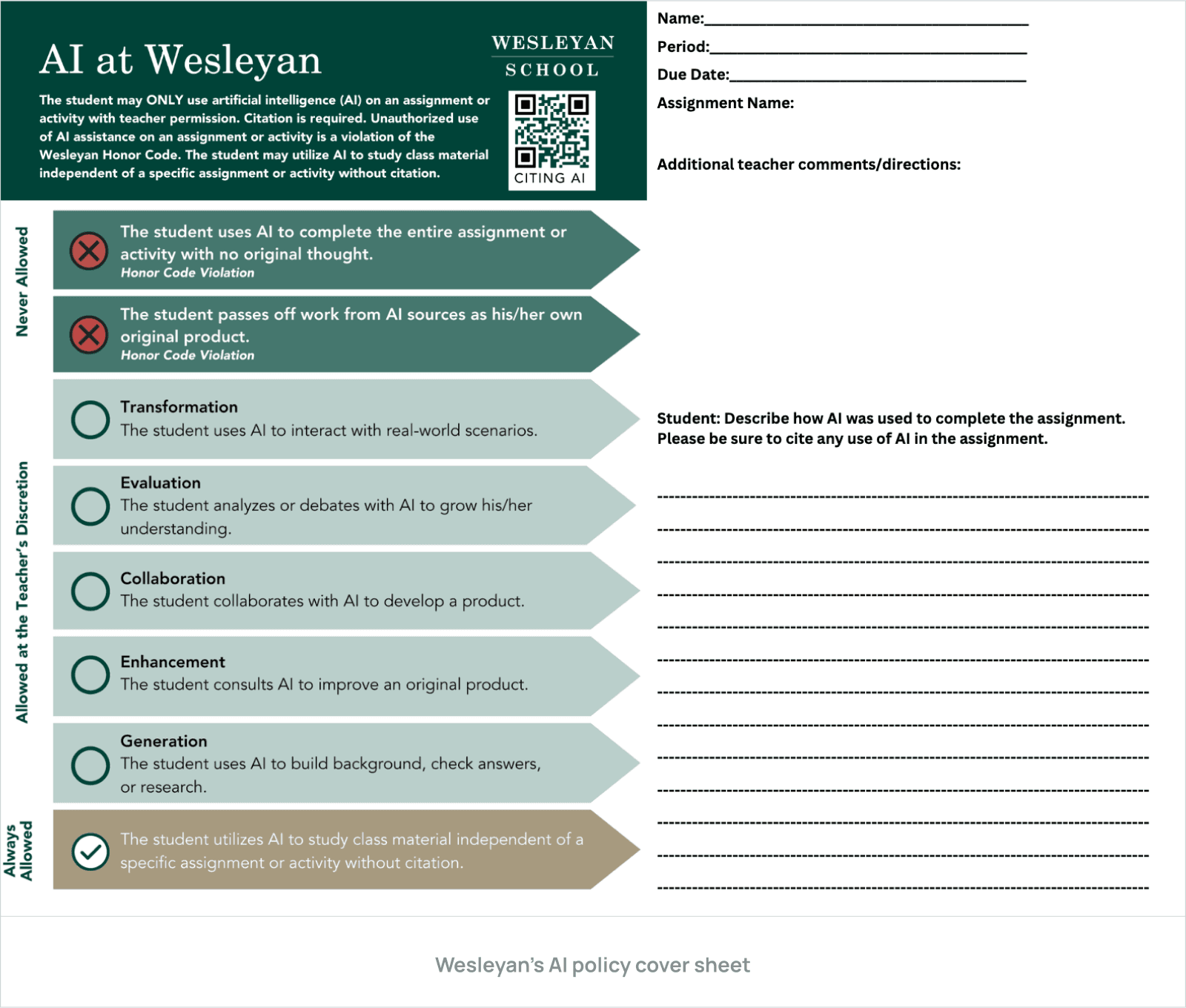 Wesleyan’s AI policy cover sheet