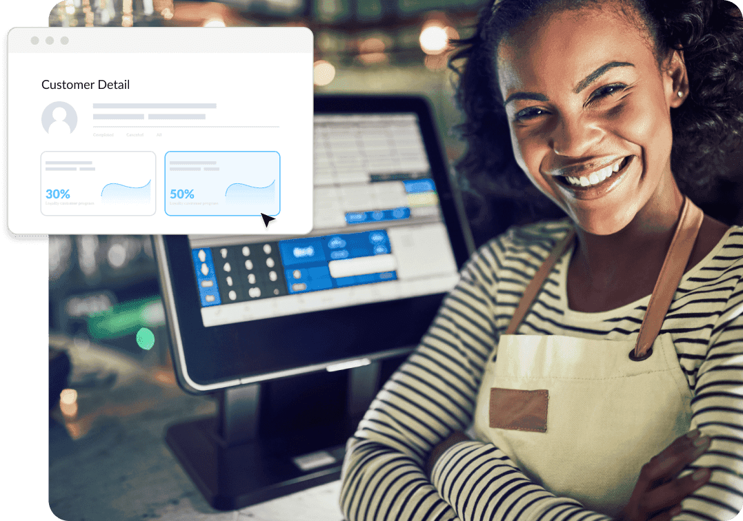 Happy dry cleaning employee in a modern laundromat or dry cleaner using Enlite POS loyalty program