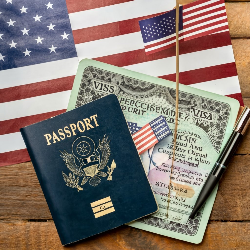 A neatly arranged pile of visa application forms, passports, a pen, and a small American flag on a desk, depicting the administrative aspect of the CR1 visa process.