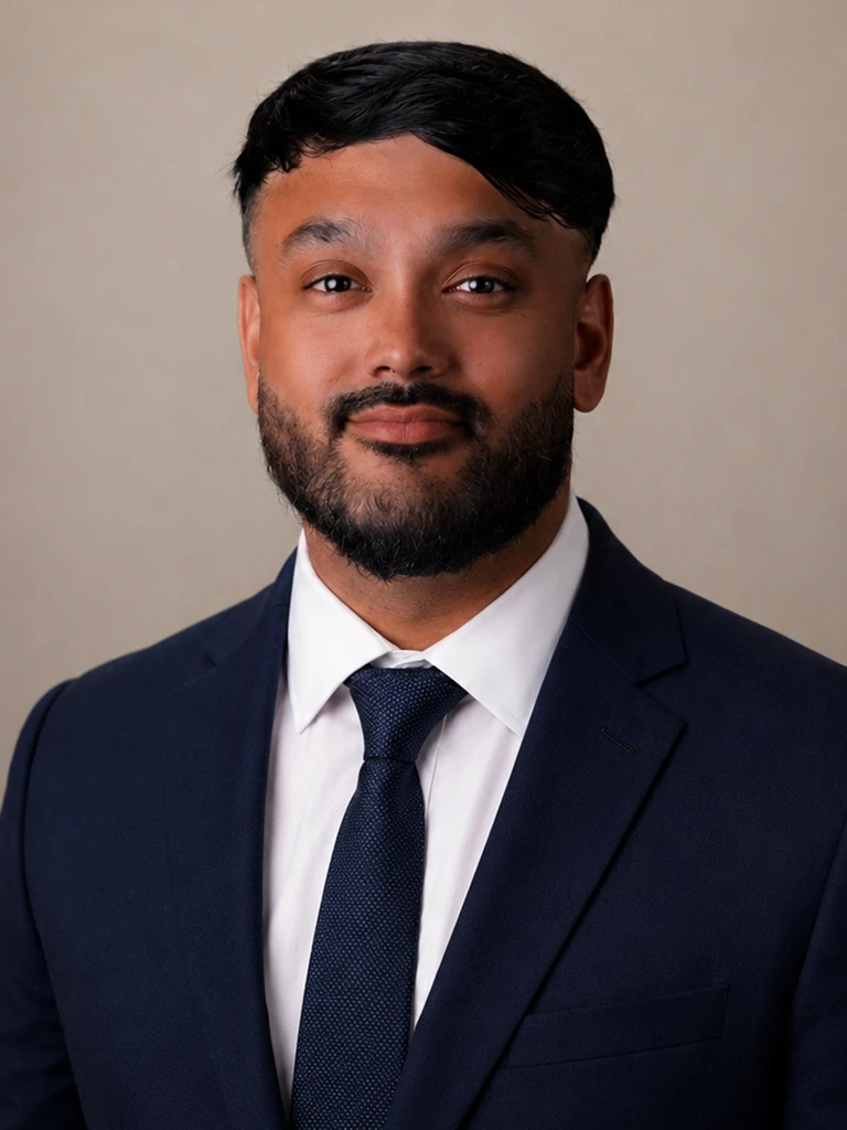 Zayd Ahmed in a navy suit infront of a neutral background