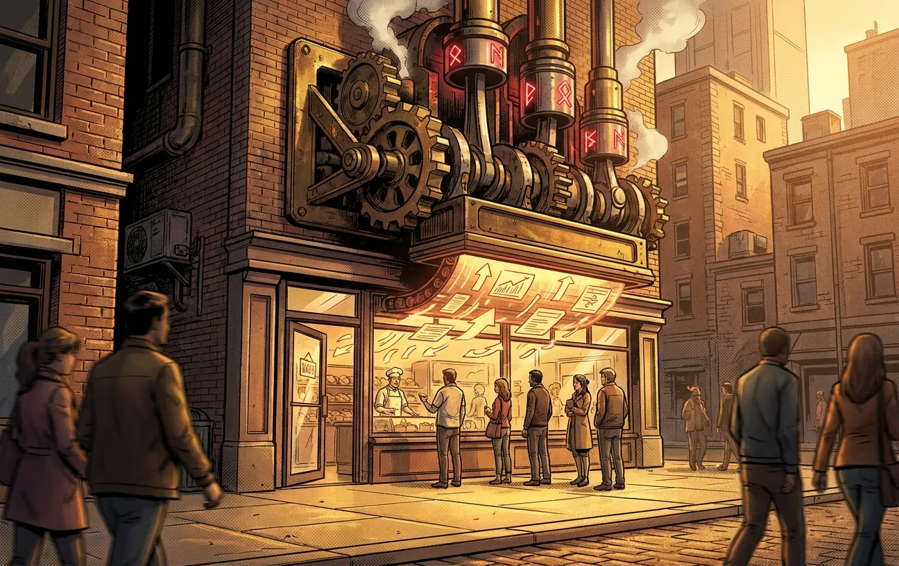 Bustling street scene illustration with gears; RockN' Socials Digital Marketing Agency.