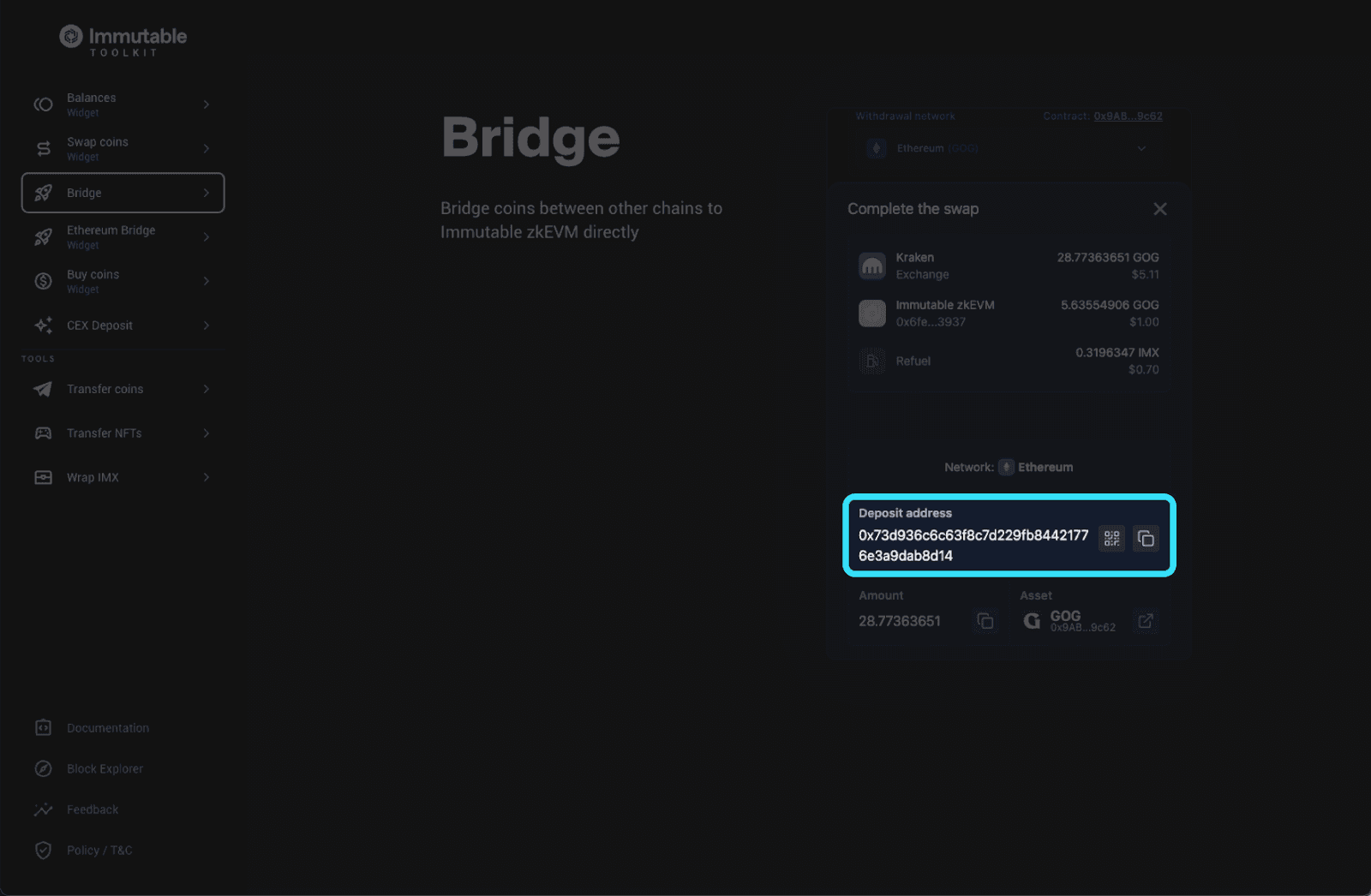 Deposit address screen