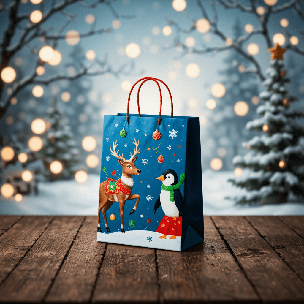 product photography of a decorative gift bag with a festive design