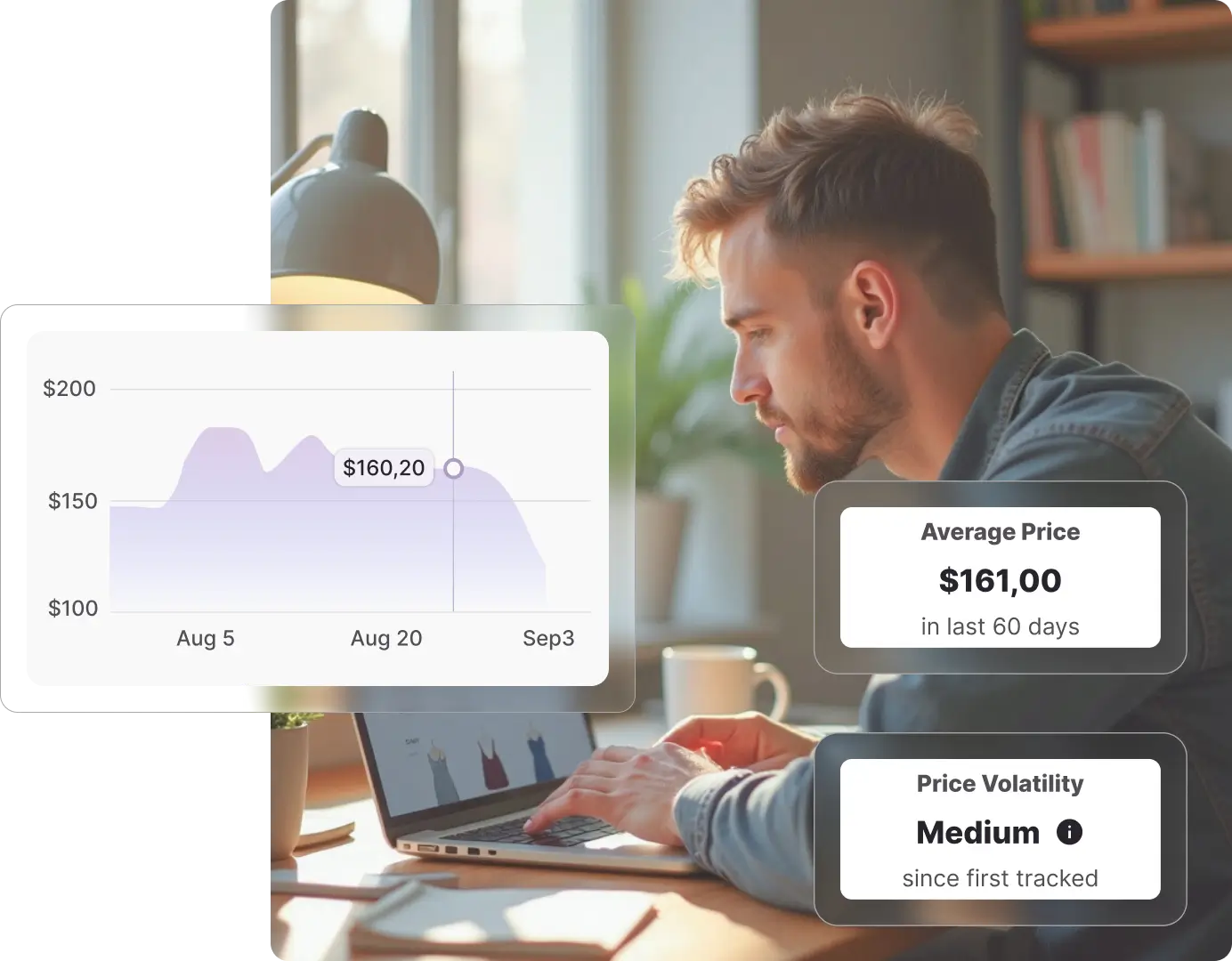 A man shops online at his desk while viewing the Whisprice app's price history chart for an item, showing its average price and 'Medium' price volatility.