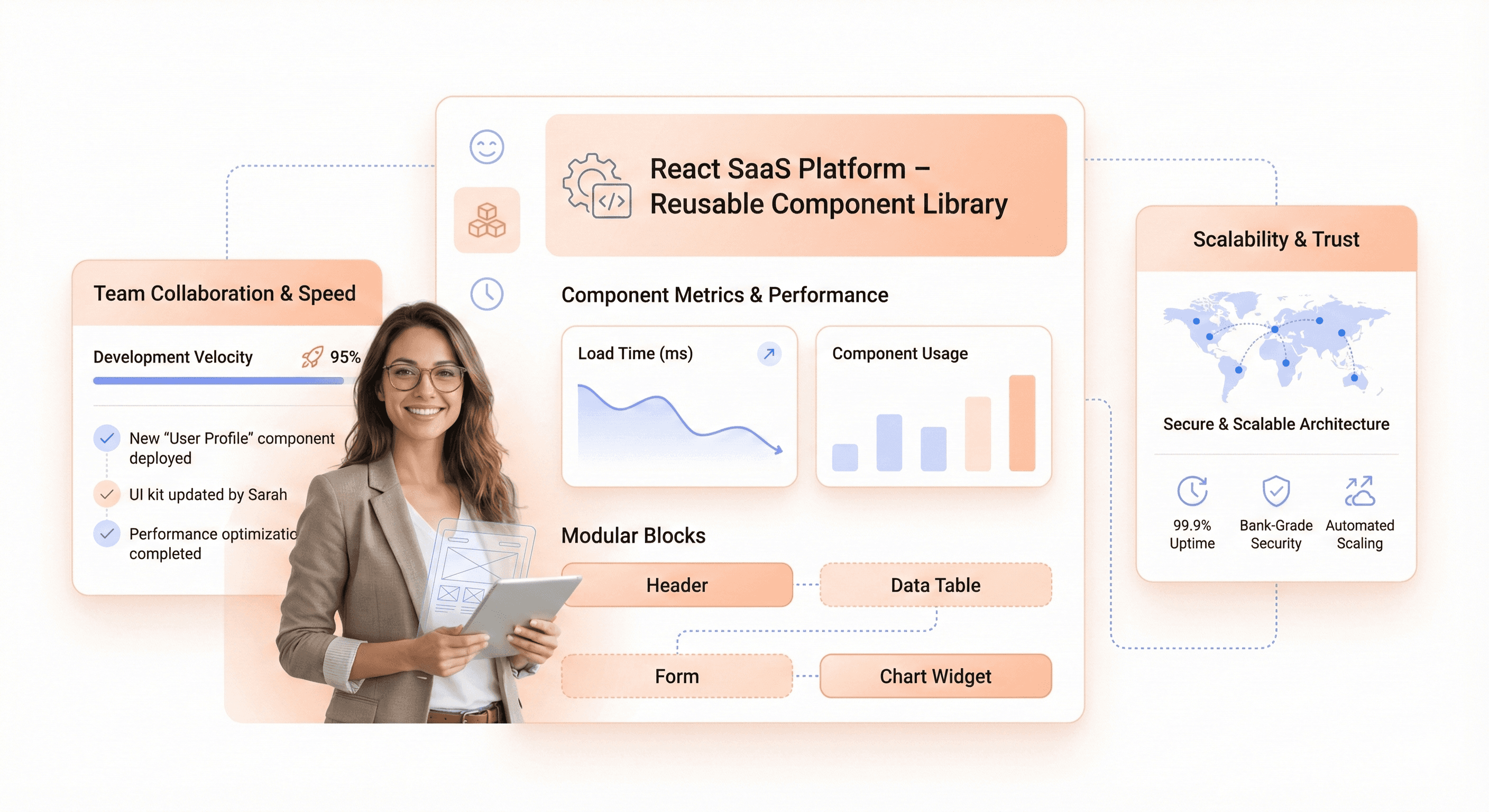 React-powered SaaS dashboard showing reusable UI components, performance metrics, and modular frontend architecture for scalable applications