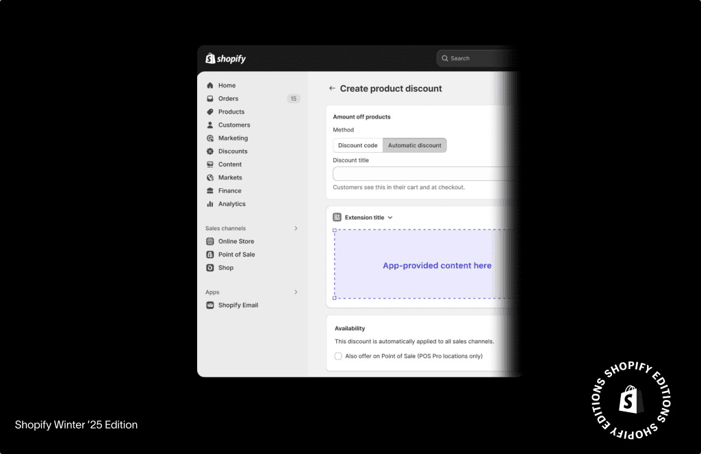 Shopify-Bildschirm Create product discount mit einem Block für eine Admin-UI-Extension einer App