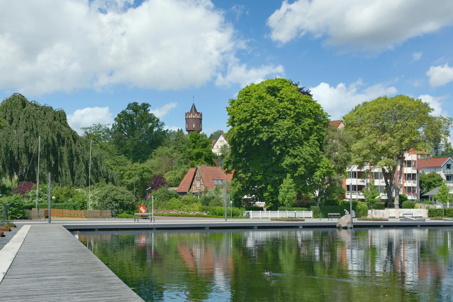 Ein kleiner Teich im Herzen einer Stadt in Schleswig-Holstein.