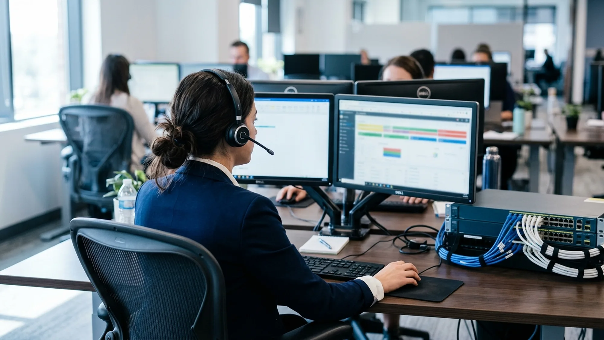 Agent de centre d'appel sur un poste professionnel relié à une connexion fibre dédiée