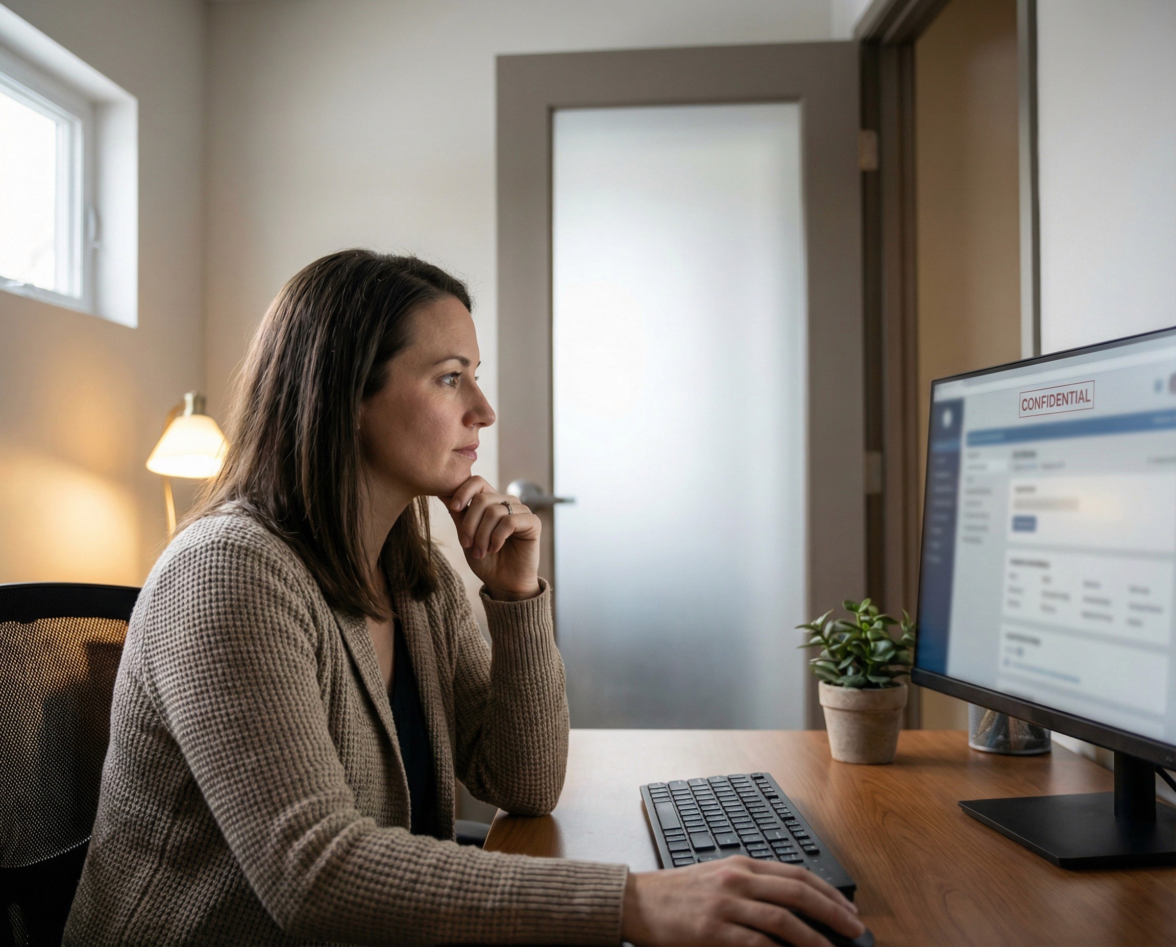 A HR business partner in her late 30s sitting alone in a small, private office with the door closed — visible as a closed door in the background with a frosted glass panel. She is at her desk, reading something on her monitor with an expression of careful, considered attention — the look of someone handling sensitive information with the seriousness it deserves. One hand is resting near the keyboard, the other is holding her chin thoughtfully.