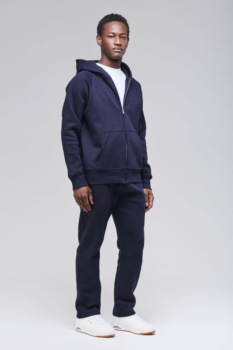 Angled front, zip hoodie zipped half way down